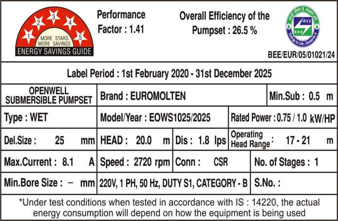 1hp open well pump 5 star rating